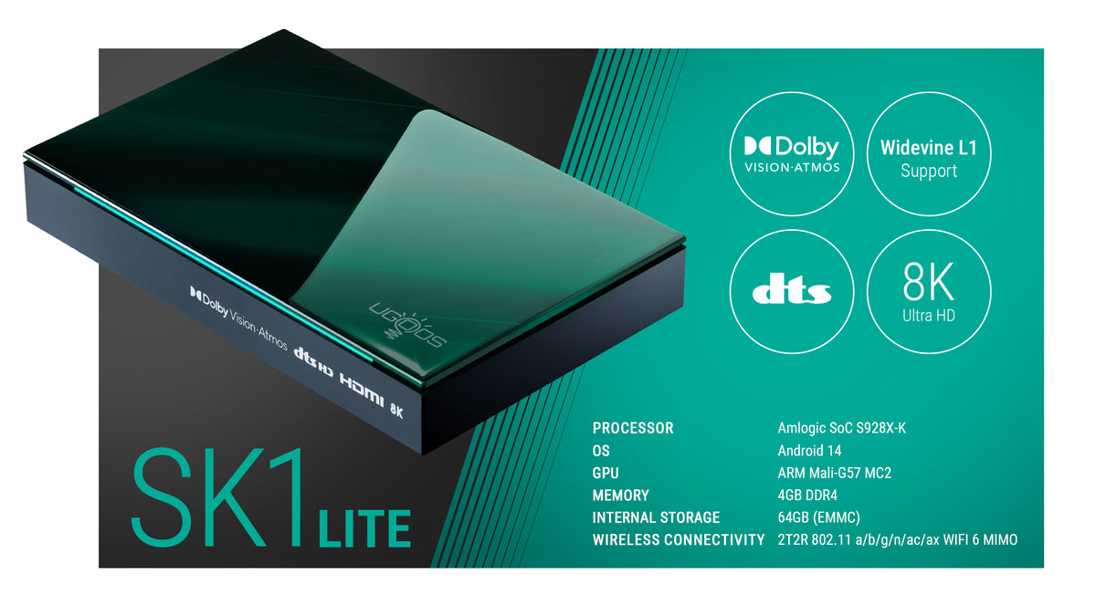 Ugoos SK1 LITE Dolby Atmos Vision TV BOX 8K Amlogic S928X-K Android 11.0 LPDDR4 4GB RAM 64GB ROM WiFi6 1000M BT5.2 USB3.0 Support AV1 H.265 8K 60fps VP9 HDR Box - Mini PC TV Box Store